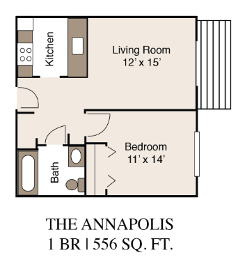 Floor plan for 1 bed, 1 bath, 556 sqft